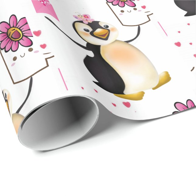 Valentine's Day Wrapping Paper Penguin Hearts (Roll Corner)