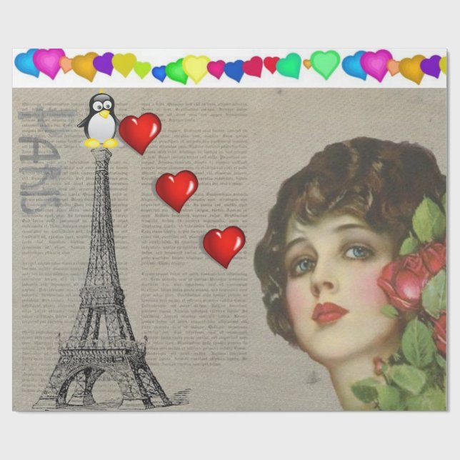 Valentine's Day Wrapping Paper Penguin Hearts (Flat)