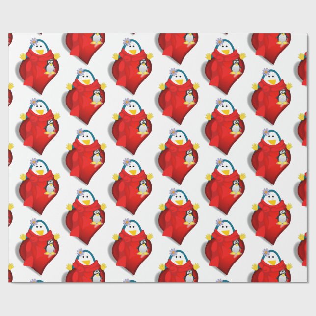 Valentine's Day Wrapping Paper Penguin Hearts (Flat)