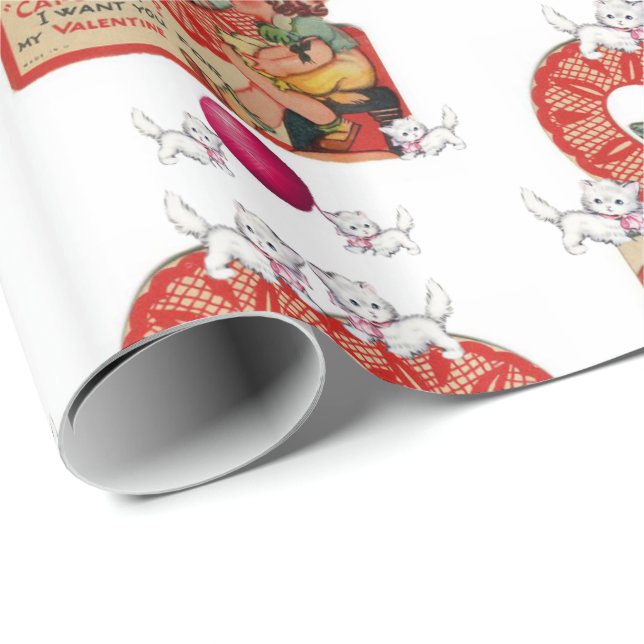 Valentine's Day Wrapping Paper Vintage Kitten (Roll Corner)