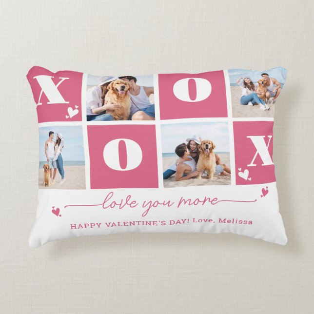 Valentines Day XOXO Modern Pink 4 Photo Collage Accent Pillow (Front)