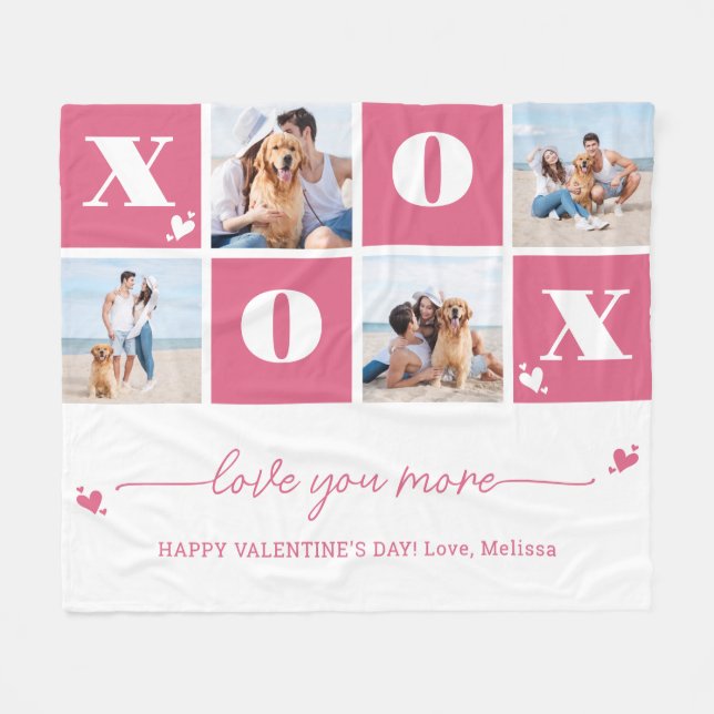 Valentines Day XOXO Modern Pink 4 Photo Collage Fleece Blanket (Front (Horizontal))