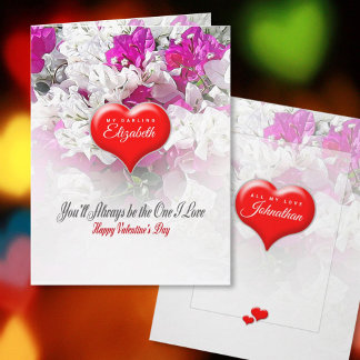 Valentine's Deep Red Heart on Floral Pink White Card