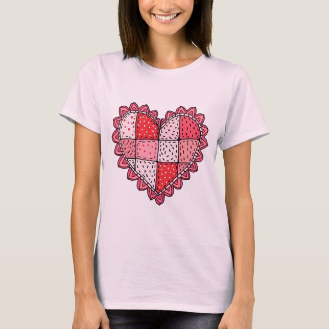 Valentine's Doodle Art Style Faux Patchwork Heart  T-Shirt (Front)