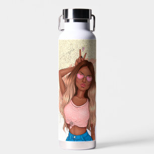 Valentines Faux Glitter Girl Tan Hair Brown Pink Water Bottle