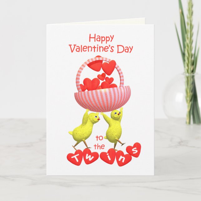 Valentine's for Twins Chicks Hearts Basket Holiday Card (Front)