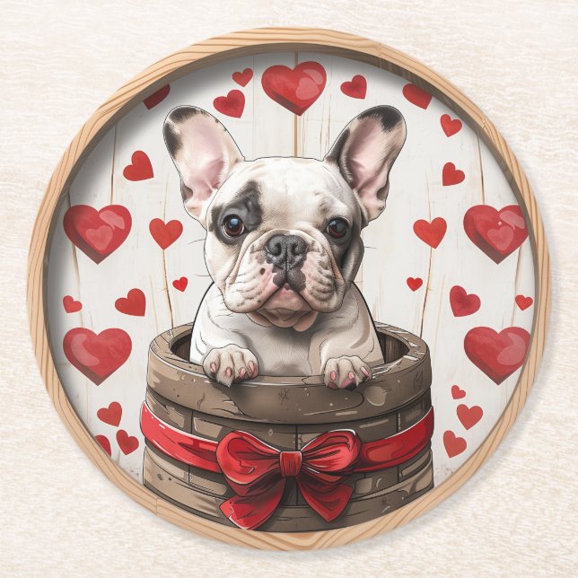 Valentines French Bulldog Round Paper Coaster (Front)