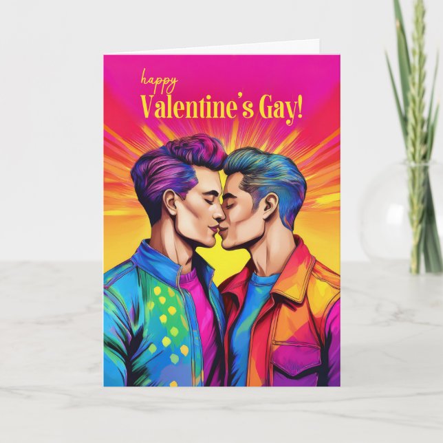 Valentine's Gay Male Couple Rainbow Pop Art Theme Holiday Card (Front)