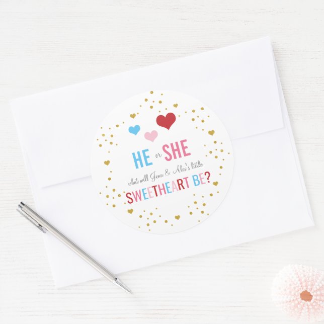Valentine's Gender Reveal Classic Round Sticker (Envelope)