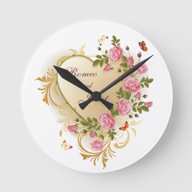 Valentines - Gold Striped Heart with Roses Round Clock (Front)