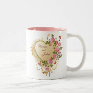 Valentines - Gold Striped Heart with Roses Two-Tone Coffee Mug