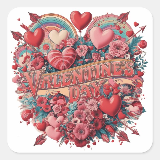 Valentine's groovy day, retro clipart square sticker (Front)
