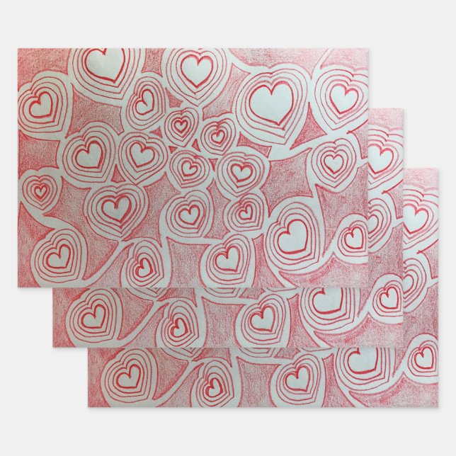  Valentines Hand-drawn Red Hearts Doodle Pattern Wrapping Paper Sheet (Set)