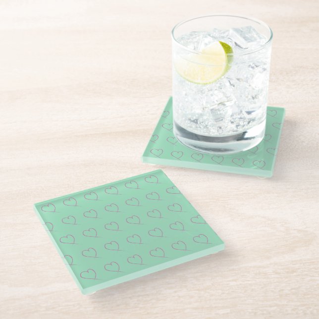 Valentines Heart Doodle Light Seafoam Green Pink Glass Coaster (Angled)