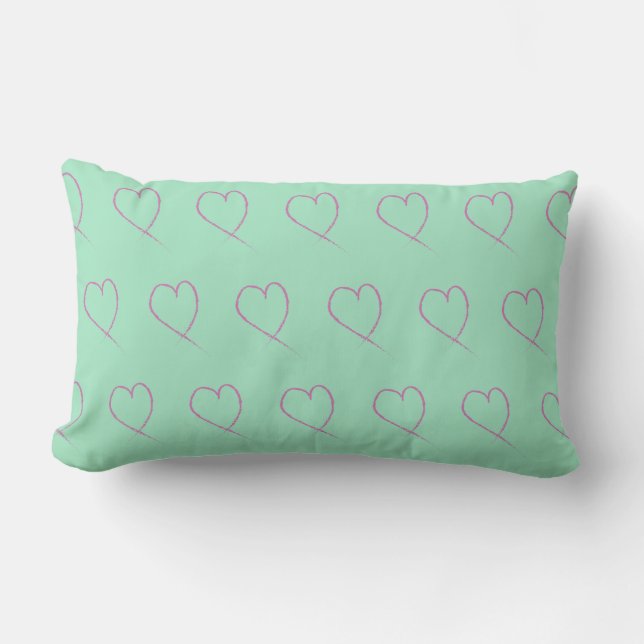Valentines Heart Doodle Light Seafoam Green Pink Lumbar Pillow (Front)