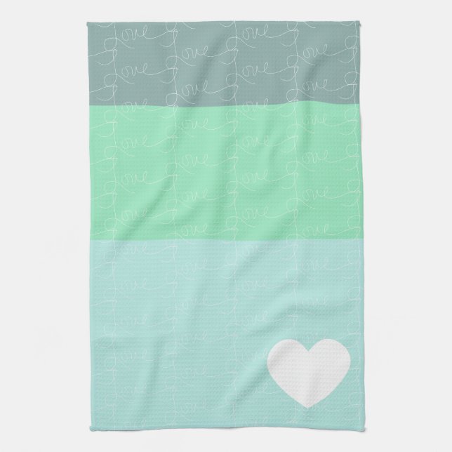 Valentines Heart Hand-Drawn Love Blue Green Kitchen Towel (Vertical)