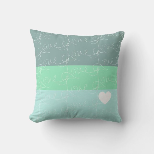 Valentines Heart Hand-Drawn Love Blue Green Throw Pillow (Front)