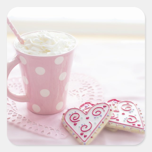 Valentine's Heart Love Cookies Hot Chocolate Square Sticker (Front)