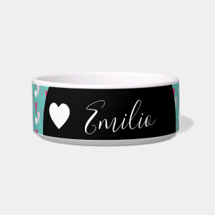 Valentines Heart Love Teal Script Name Pet Bowl