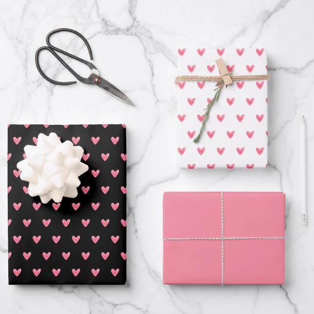 Valentines Heart on Black and on White with Pink Wrapping Paper Sheet (Front)