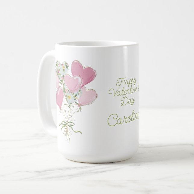 Valentine's Heart Pink and Green Heart Balloons Coffee Mug (Front Left)