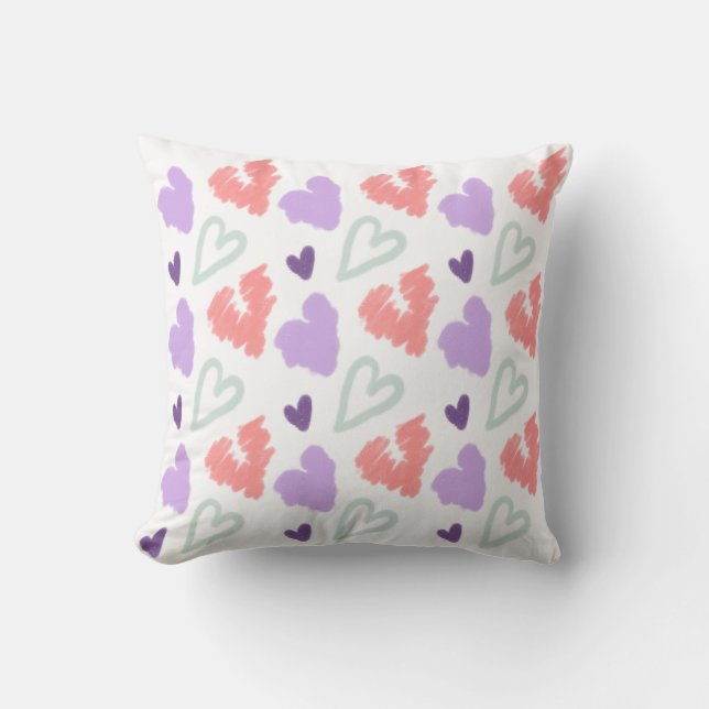 Valentines Heart Purple Pink Hand Drawn Pattern   Throw Pillow (Front)