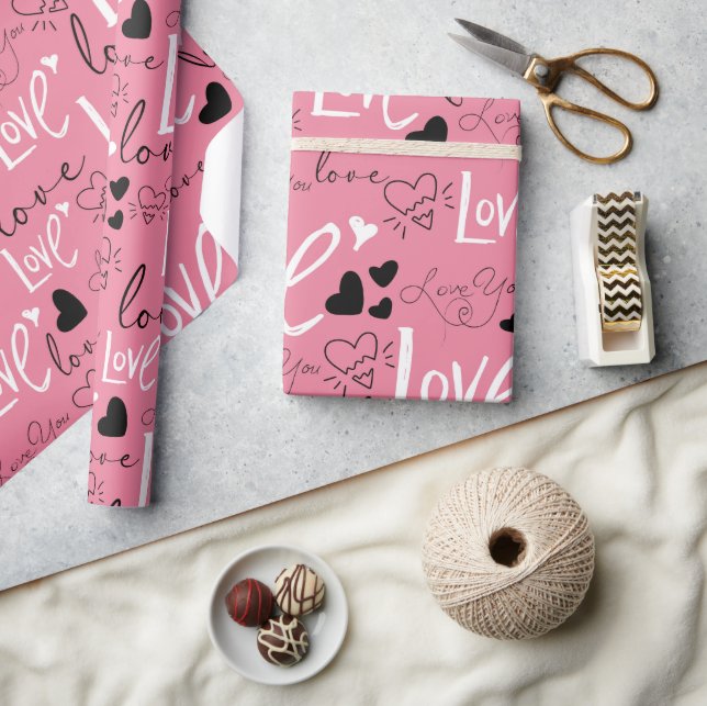 Valentines Hearts and Love Typography Pattern Wrapping Paper (Crafts)