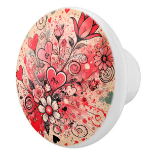 Valentines Hearts / Daisy / Splatter Art / Sangria Ceramic Knob