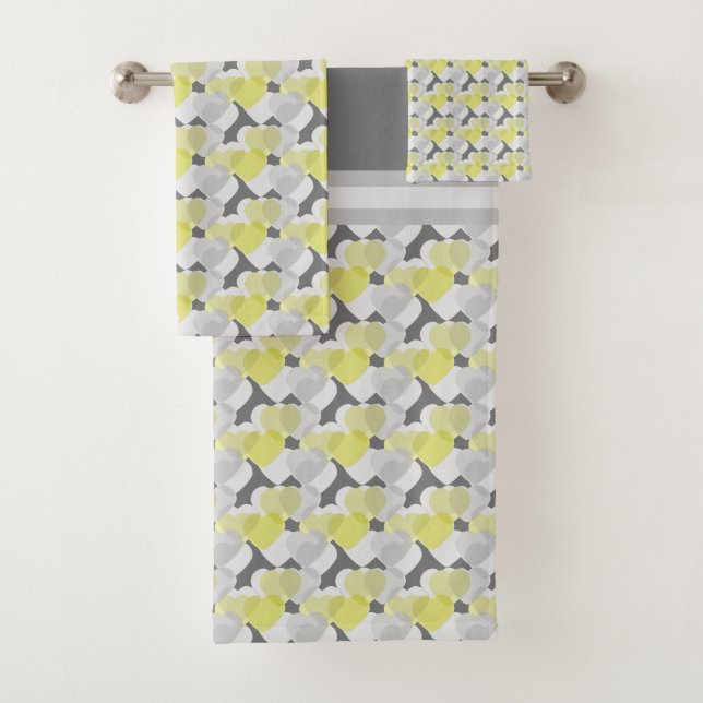 Valentine's Hearts Overlay Yellow and Grey Pattern Bath Towel Set (Insitu)