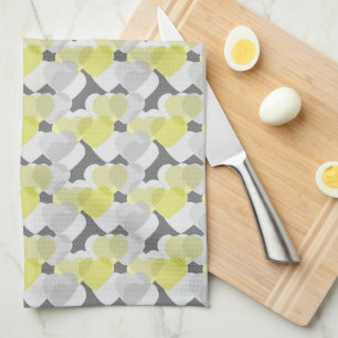 Valentine's Hearts Overlay Yellow and Grey Pattern Kitchen Towel