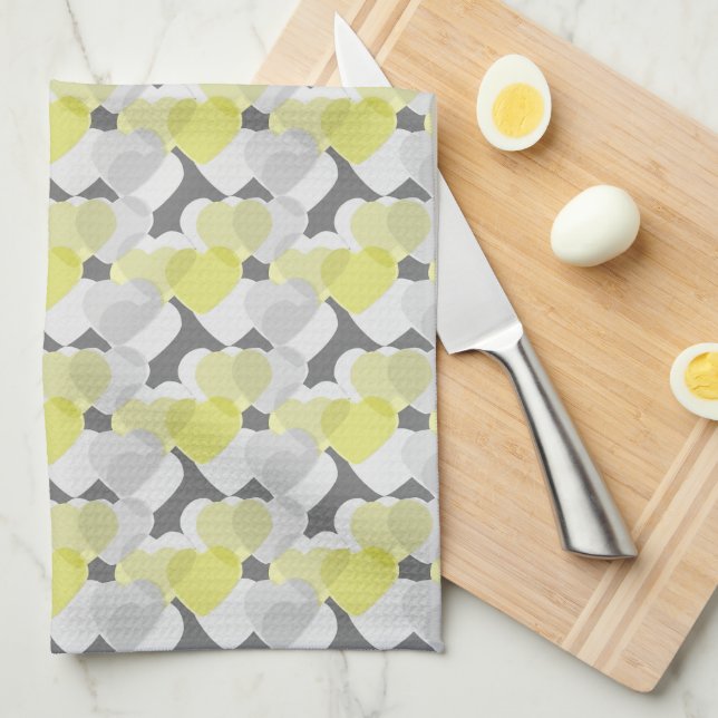Valentine's Hearts Overlay Yellow and Grey Pattern Kitchen Towel (Quarter Fold)