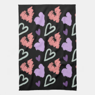 Valentines Hearts Purple Hand Drawn Pattern Kitchen Towel
