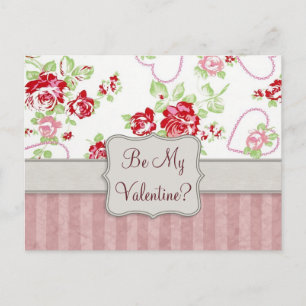 Valentines - Hearts, Roses and Stripes w Monogram Holiday Postcard
