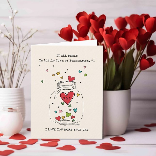 Valentines It All Began Heart In Jar Monogram Holiday Card (Valentines It All Began Heart In Jar Monogram Holiday Card)