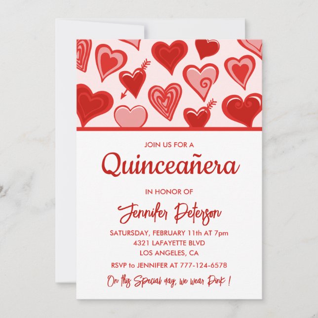 Valentines jour quinceanera invitations coeur roug (Devant)