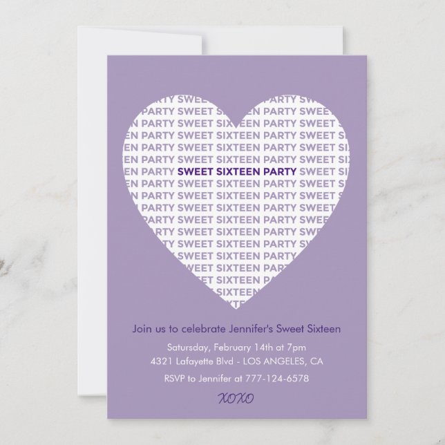 Valentines jour sucré 16 invitation xoxo violet (Devant)