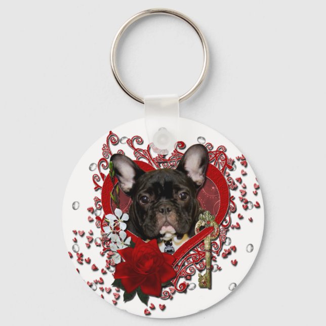 Valentines - Key to My Heart - French Bulldog Keychain (Front)