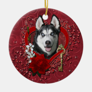 Valentines - Key to My Heart - Siberian Husky Ceramic Ornament