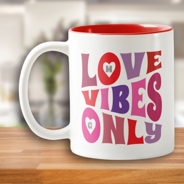 Valentines Love Vibes Only Red Pink Monogram Retro Two-Tone Coffee Mug (Valentines Love Vibes Only Red Pink Monogram Retro Coffee Mug)