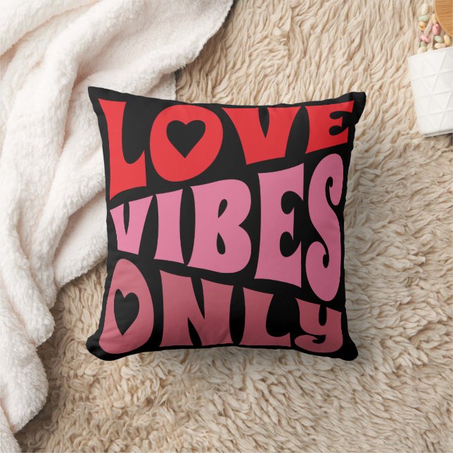 Valentines Love Vibes Typography Red Pink Black Throw Pillow (Blanket)