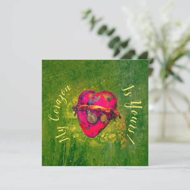 Valentines Mexican Vintage Red Heart W/ Green Card (Standing Front)