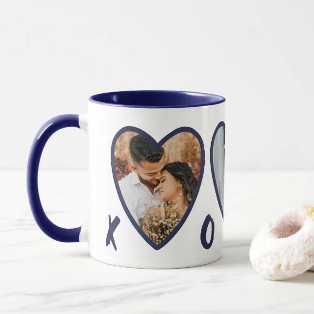 Valentines Modernes Coeurs Bleus Photo Collage Mug (Avec donut)
