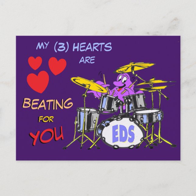 Valentines Octopus Cartoon 3 Hearts Postcard (Front)