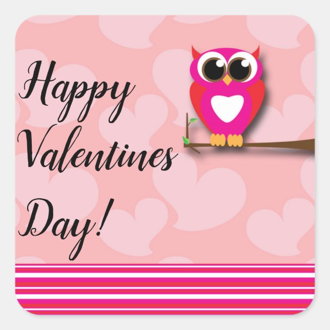 Valentines Owl & Hearts Pink Red Modern Favour Square Sticker (Front)
