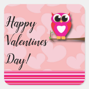 Valentines Owl & Hearts Pink Red Modern Favour Square Sticker