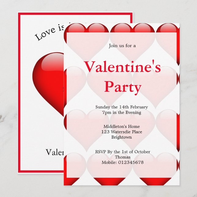 Valentines Party  Red Heart Forever Love Invitation (Front/Back)
