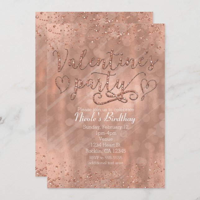 Valentine's Party Rose Rose Gold Glam Invitations (Devant / Derrière)