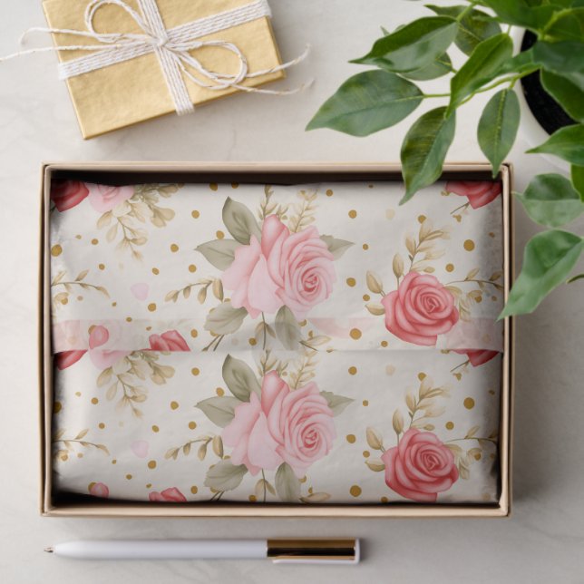 Valentine's Pink and Red Roses and Hearts  Tissue Paper (Gift)