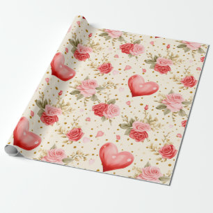 Valentine's Pink and Red Roses and Hearts  Wrapping Paper