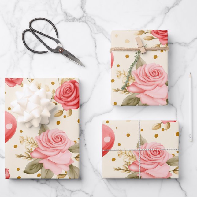 Valentine's Pink and Red Roses and Hearts  Wrapping Paper Sheet (Front)